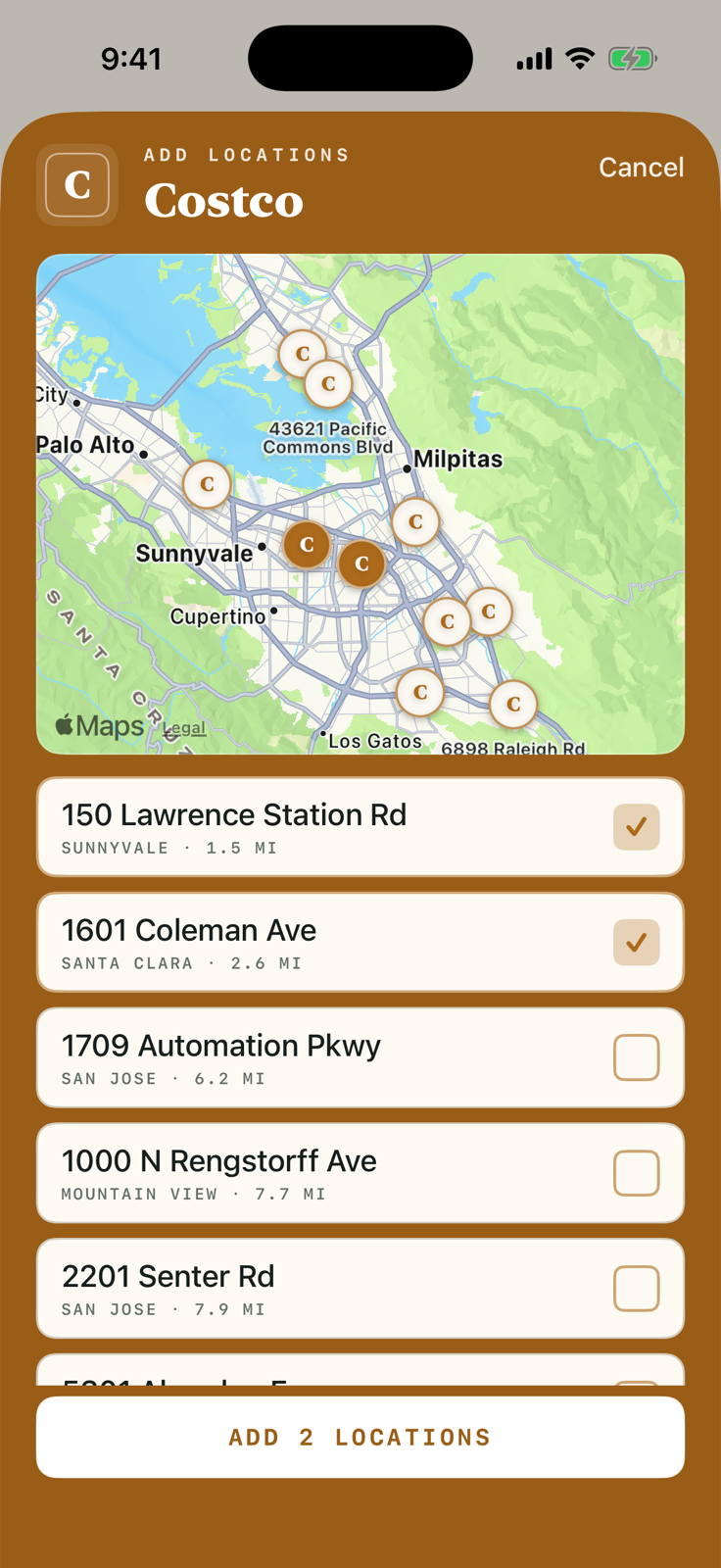 The Costco branch picker dressed in marigold: an Apple Maps view of the South Bay dotted with C-monogram pins, a checklist of branches with distances — 150 Lawrence Station Rd and 1601 Coleman Ave ticked — and a button reading Add 2 Locations.