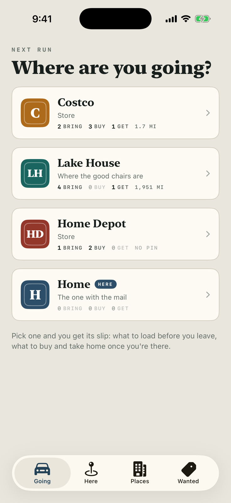 The Going screen asking Where are you going? with a ranked list of places: Costco with 2 bring, 3 buy, 1 get at 1.7 miles; Lake House with 4 bring and 1 get at 1,951 miles; Home Depot; and Home marked with a Here badge.