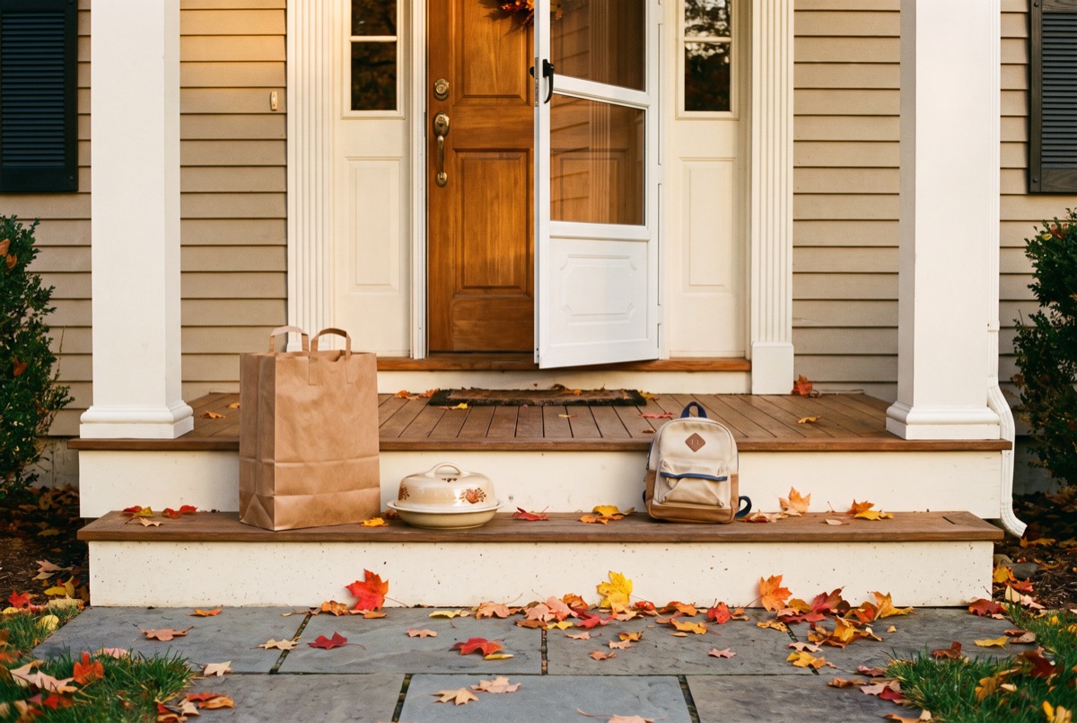 A front porch in autumn with a paper grocery bag, a ceramic pie carrier and a child’s canvas backpack waiting by the open front door, maple leaves scattered on the steps.