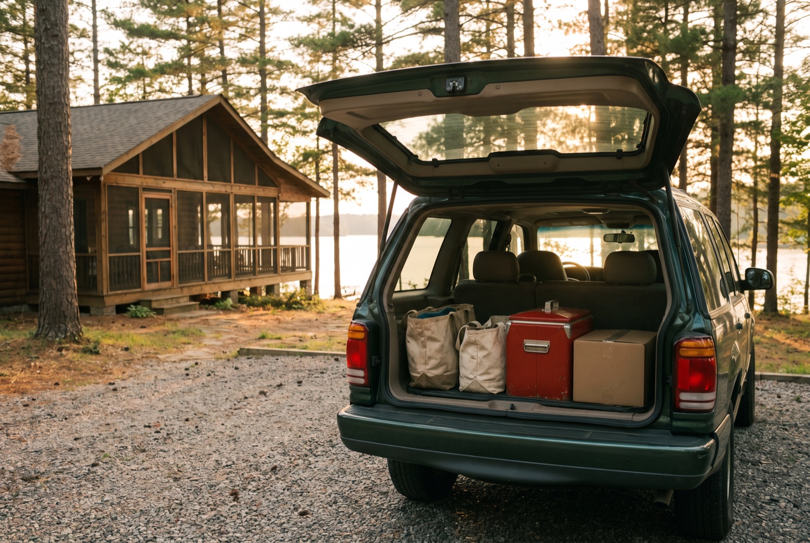 An SUV with its tailgate open, packed with canvas totes, a red cooler and a cardboard box, parked on gravel beside a screened lake cabin in golden evening light.