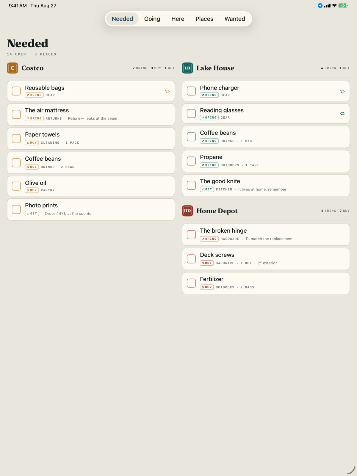 The Needed board on iPad: 14 open errands across 3 places in two columns — Costco, Lake House and Home Depot — each errand with an inked bring, buy or get chip.