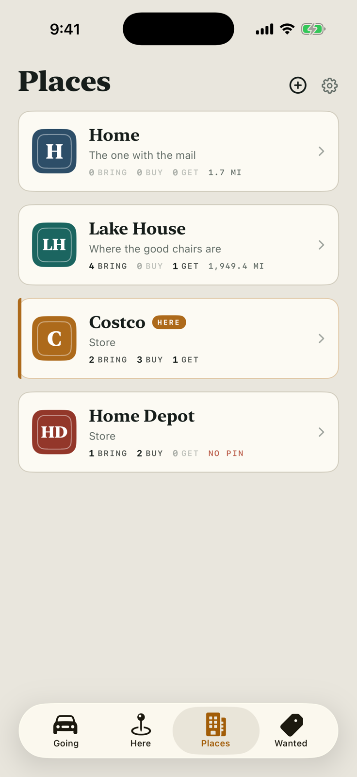 The Places rack: Home, Lake House, Costco marked Here, and Home Depot marked No Pin, each with its color monogram, per-verb open counts, and distance.