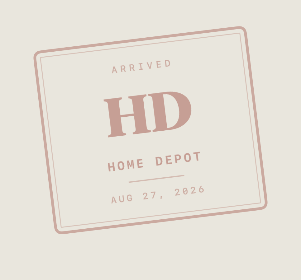 The arrival stamp: a crooked rubber-stamp rectangle reading Arrived, HD, Home Depot, Aug 27 2026, pressed over the dimmed screen.