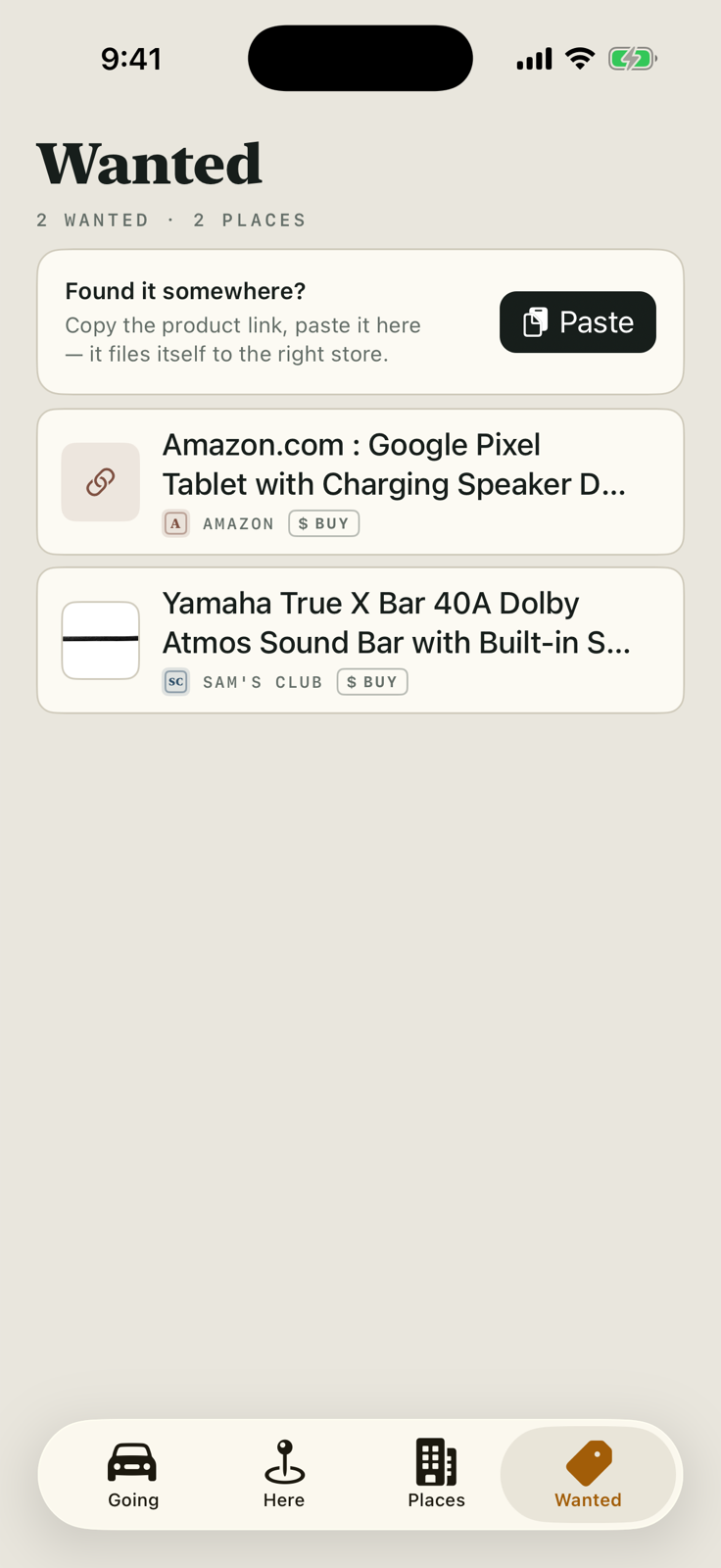 The Wanted board with a paste card reading Found it somewhere? and two filed product links: a Google Pixel Tablet filed to Amazon and a Yamaha sound bar filed to Sam's Club, each with a Buy chip.