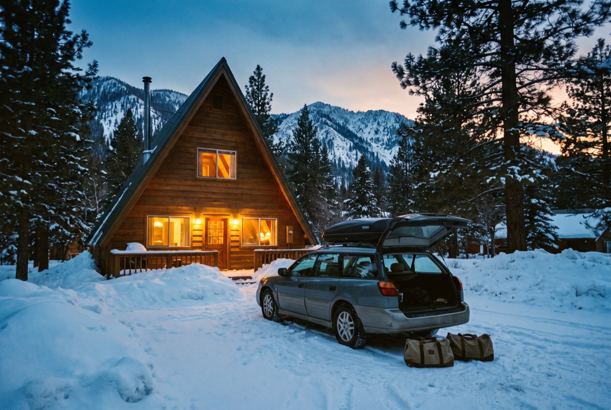 A snowy A-frame cabin at dusk with warm lit windows, a station wagon with a roof box and open tailgate parked in front, two duffel bags set down in the snow.